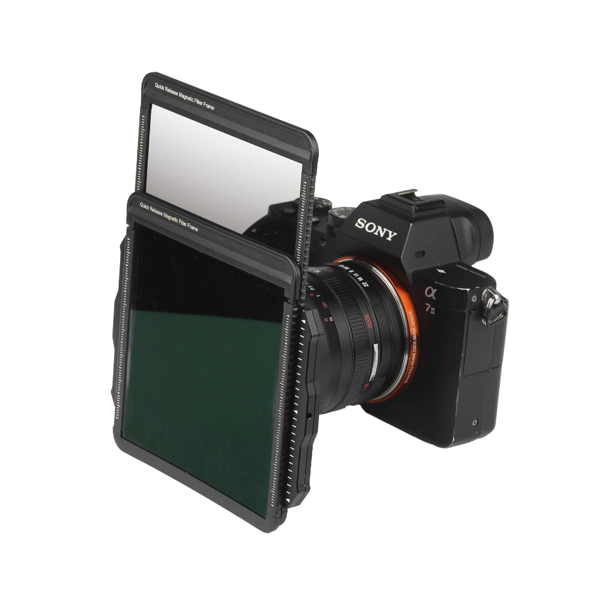 Laowa 100mm Magnetic Filter Holder for 10-18mm Lens for 100x150mm Filters side angle on camera with filter tray installed