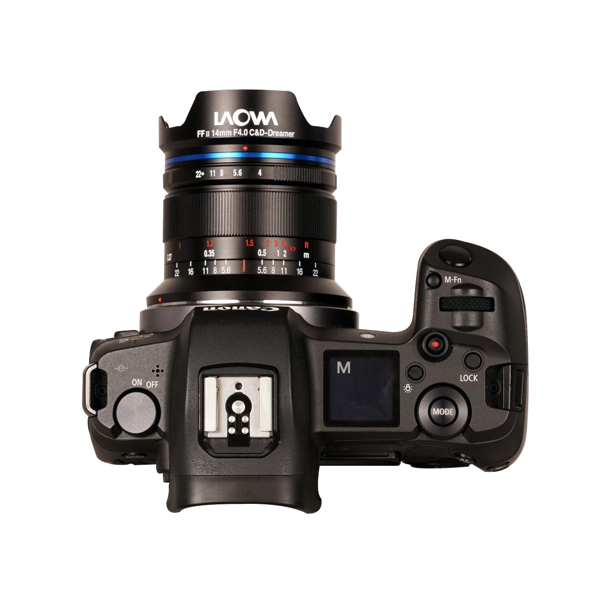 Laowa 14mm F4 FF RL Zero-D Lens Canon RF Mount top angle on camera
