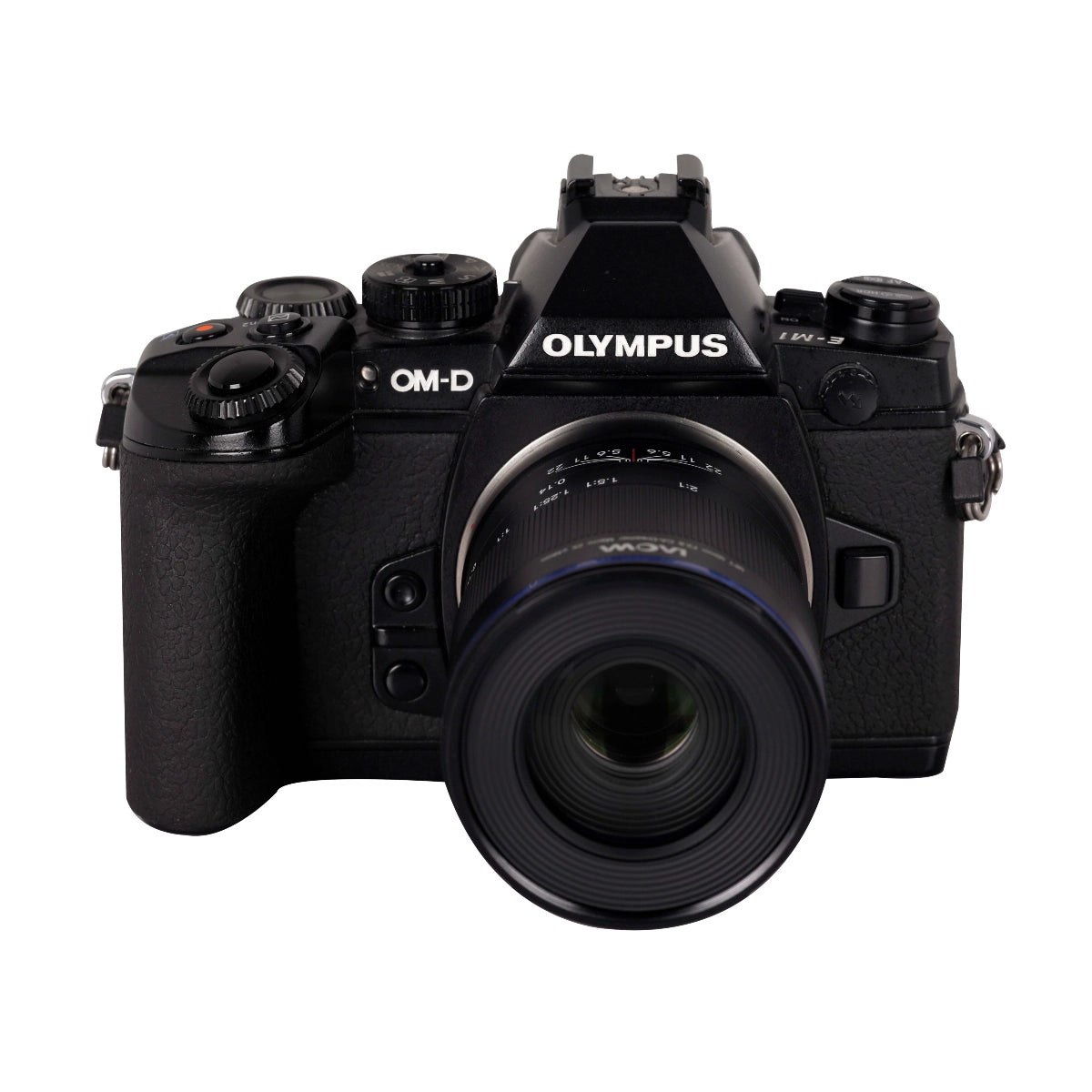 Laowa 50mm f2.8 2X Ultra Macro APO Lens - Micro Four Thirds MFT front angle on camera