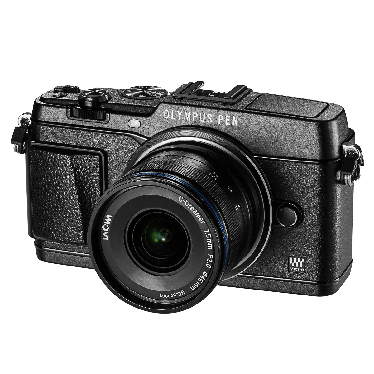 Laowa 7.5mm f2 MFT Lens - Black side angle on camera