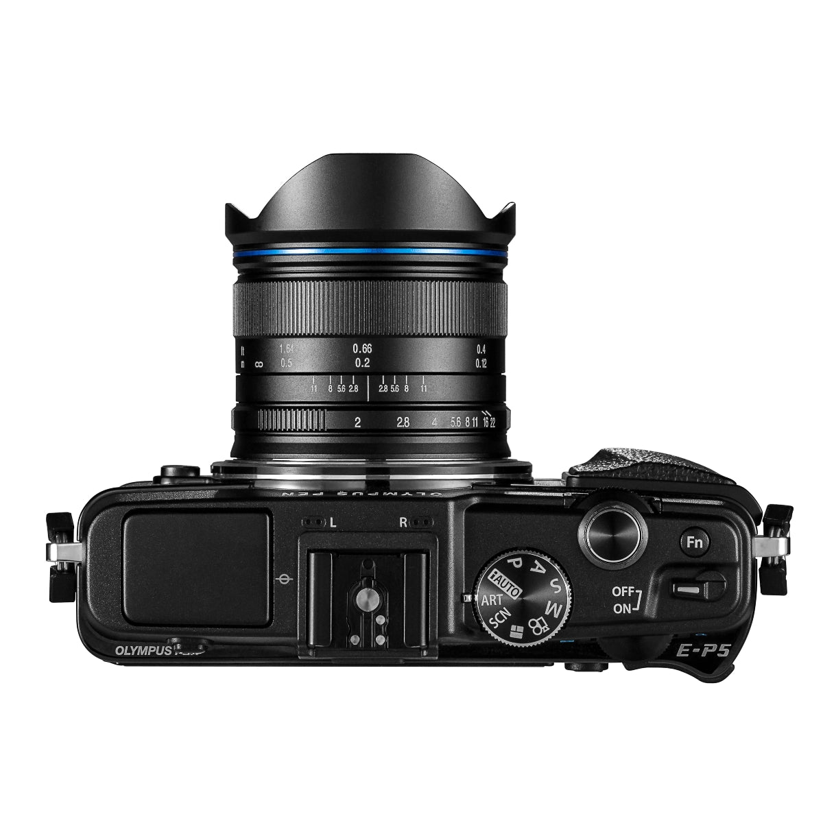 Laowa 7.5mm f2 MFT Lens - Black top angle on camera