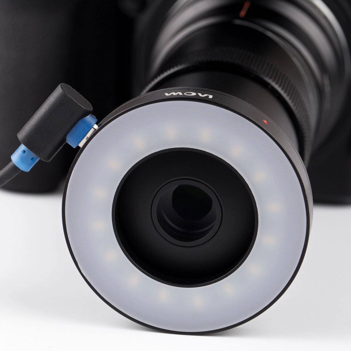 Laowa Front LED Ring Light on camera with cable attached