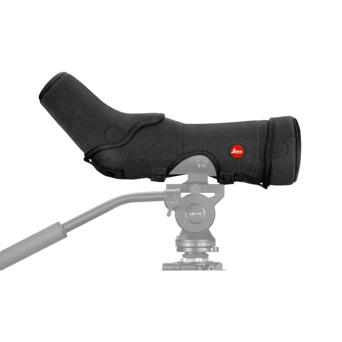 Black camera lens hood with Leica logo on a white background