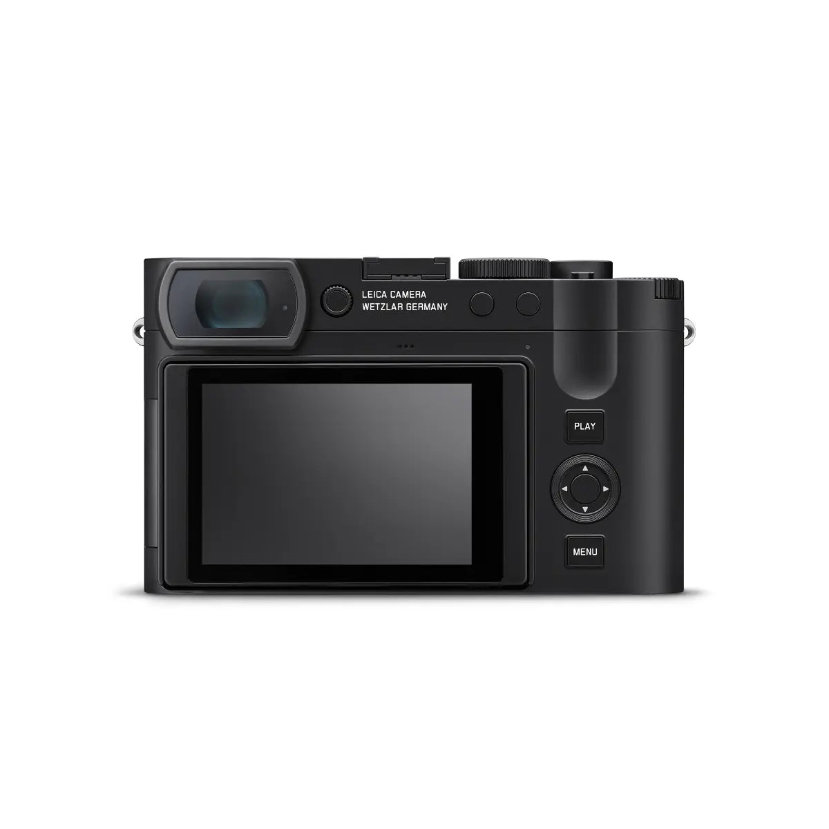 Black digital camera with screen and control buttons on a white background