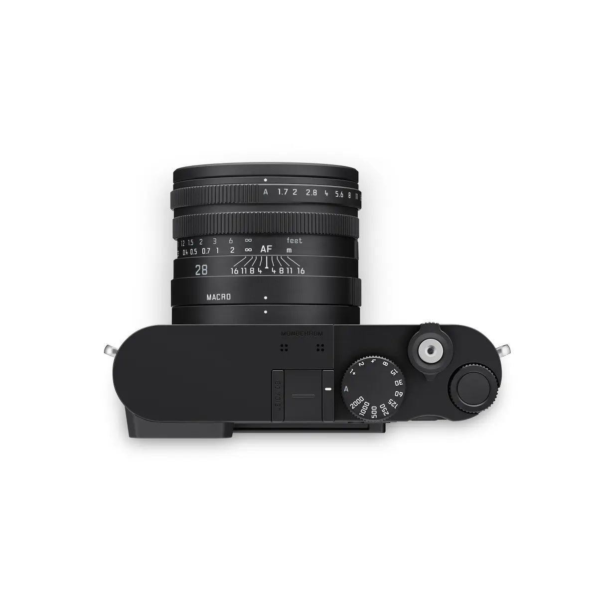 Top view of a black camera with lens on a white background