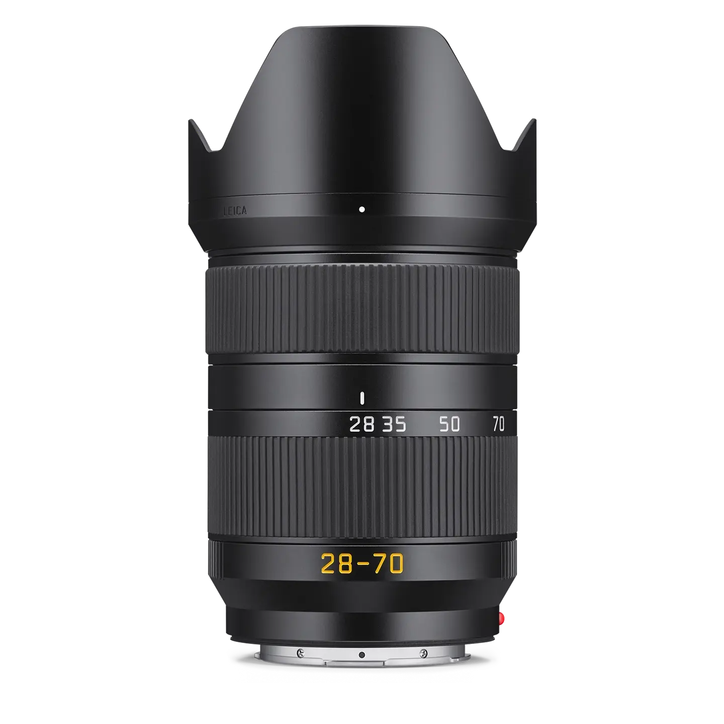Camera lens with focus scale and brand logo on a white background