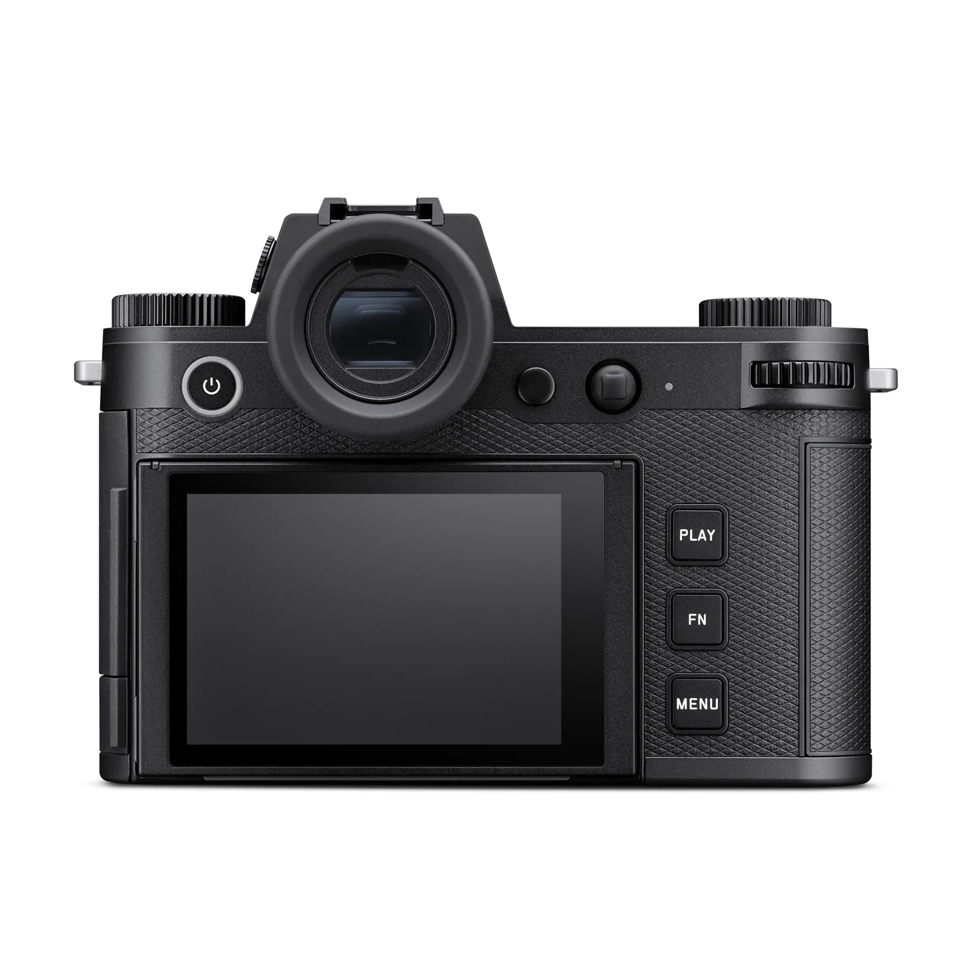 Black camera body with screen on a white background