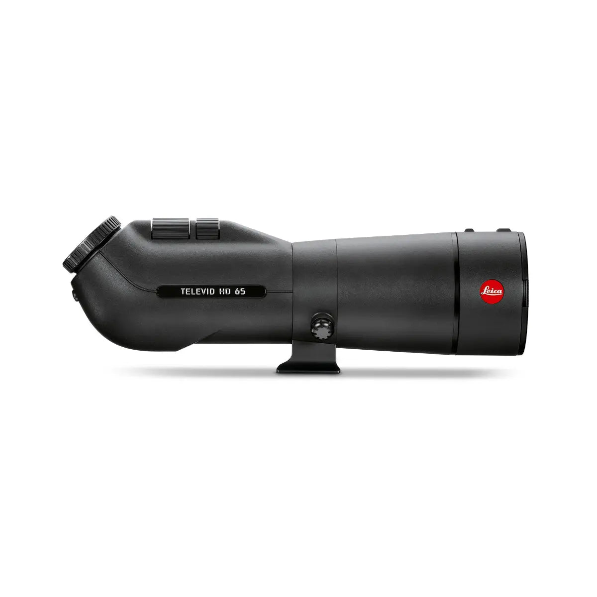 Black telescope with Leica logo on a white background