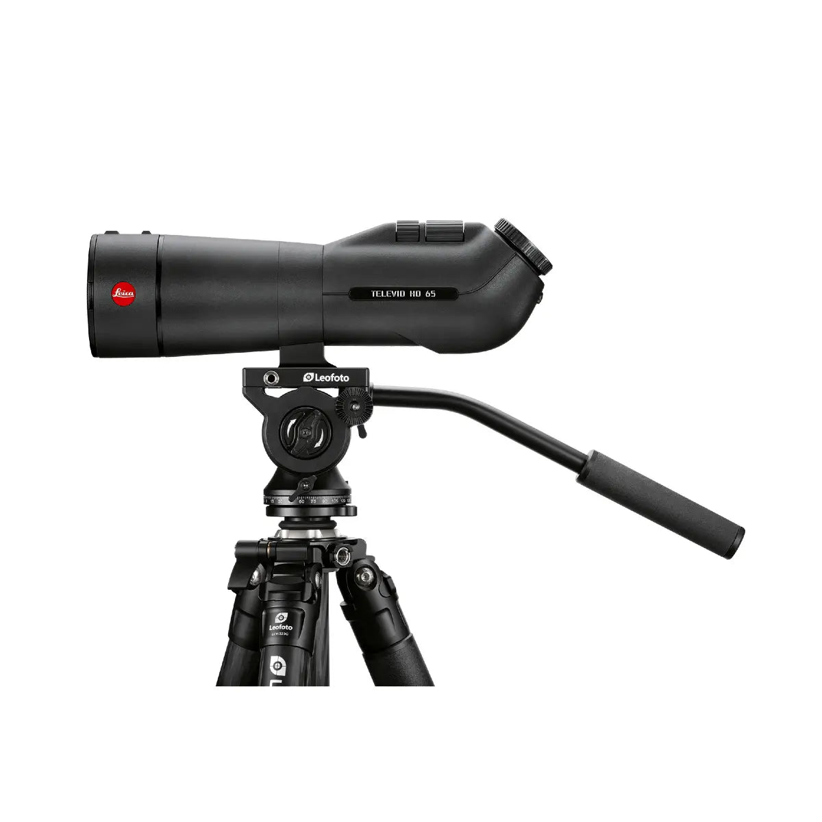 Black Leica spotting scope with tripod on a white background