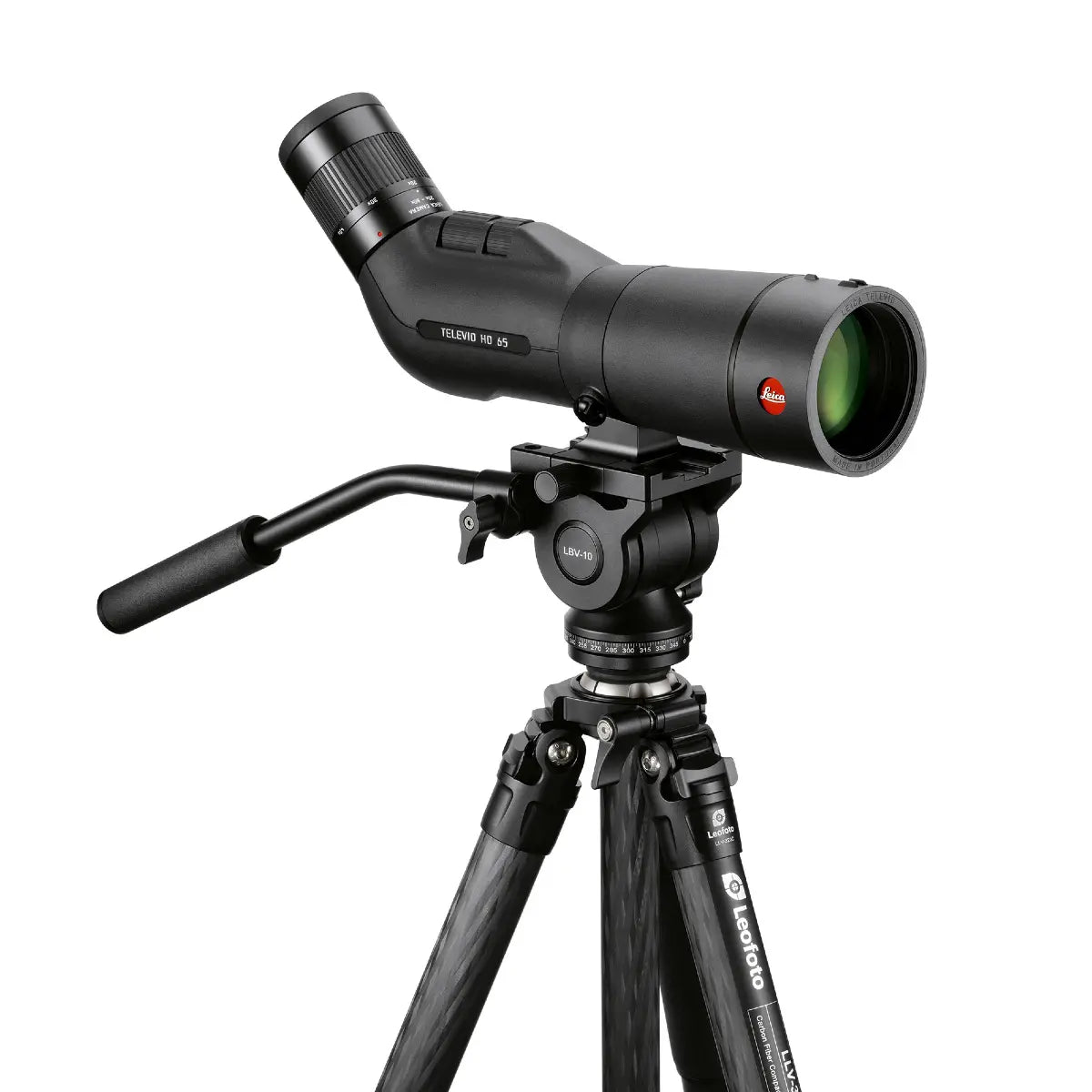 Black Leica spotting scope on a tripod with a white background