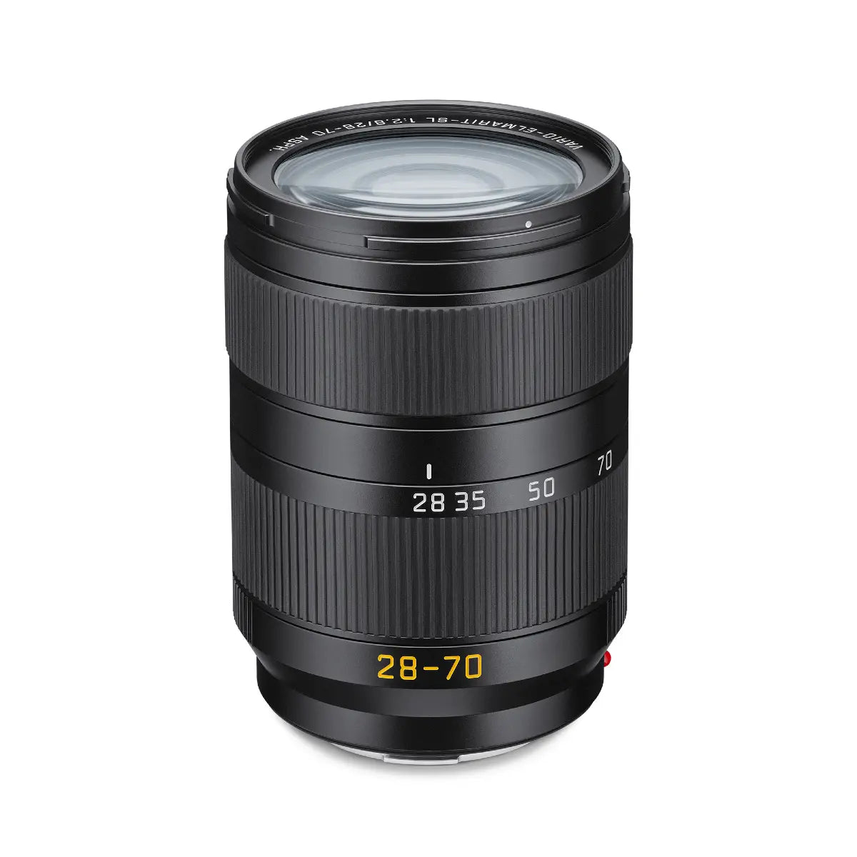 Camera lens with focus scale and specifications on a white background