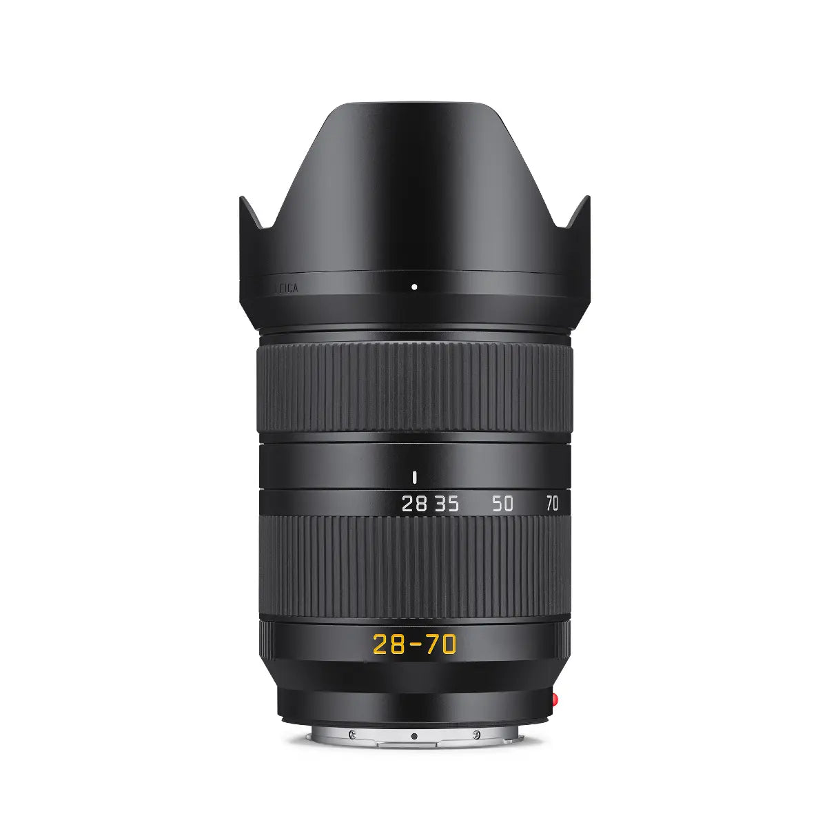 Camera lens with focus scale and brand logo on a white background