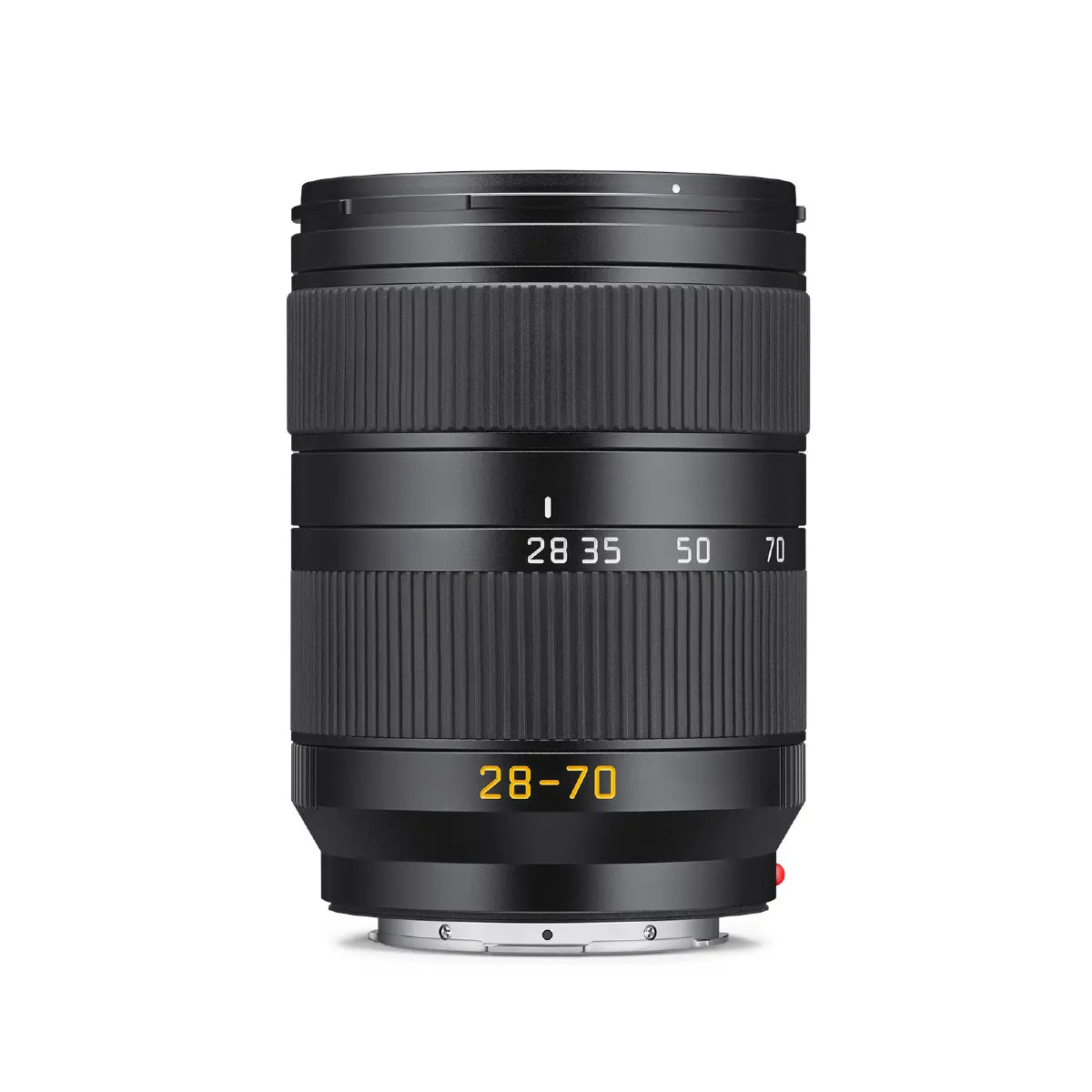 Camera lens with focus scale and brand logo on a white background