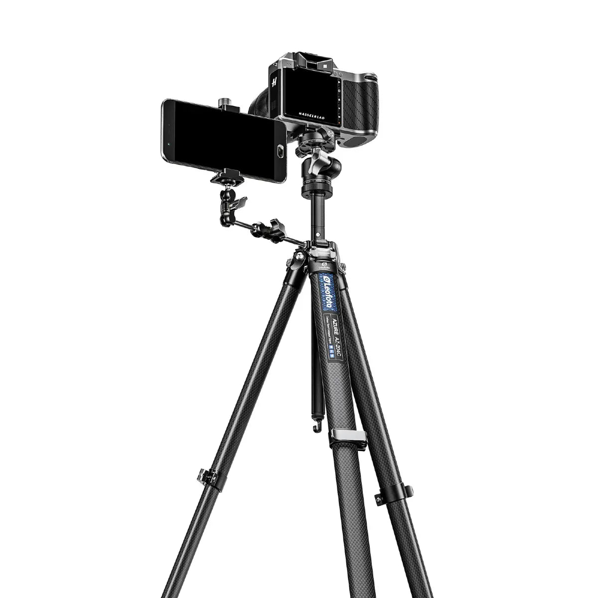 Tripod with smartphone mount on a white background