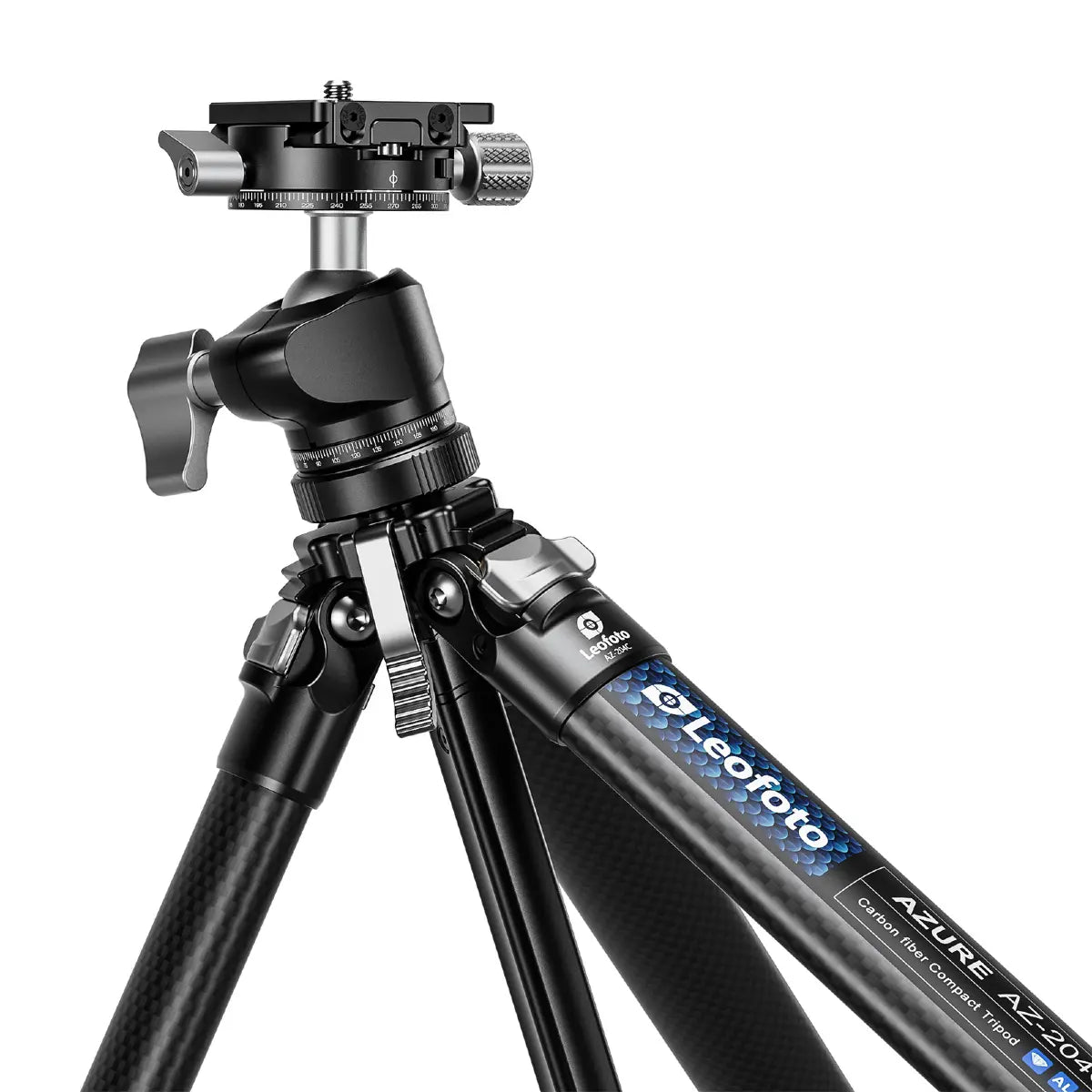 Leofoto tripod with camera mount on a white background