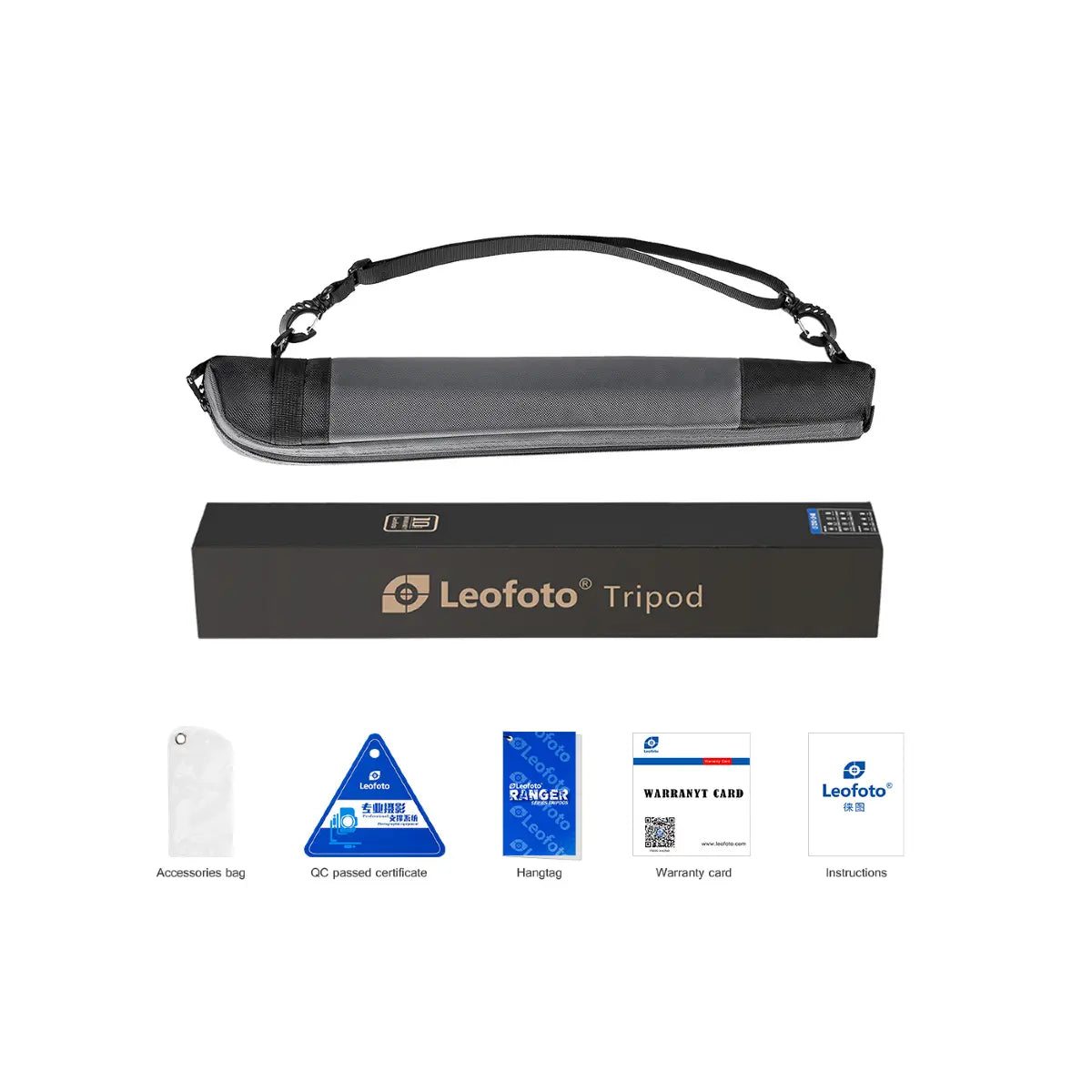 Leofoto tripod with accessories on a white background