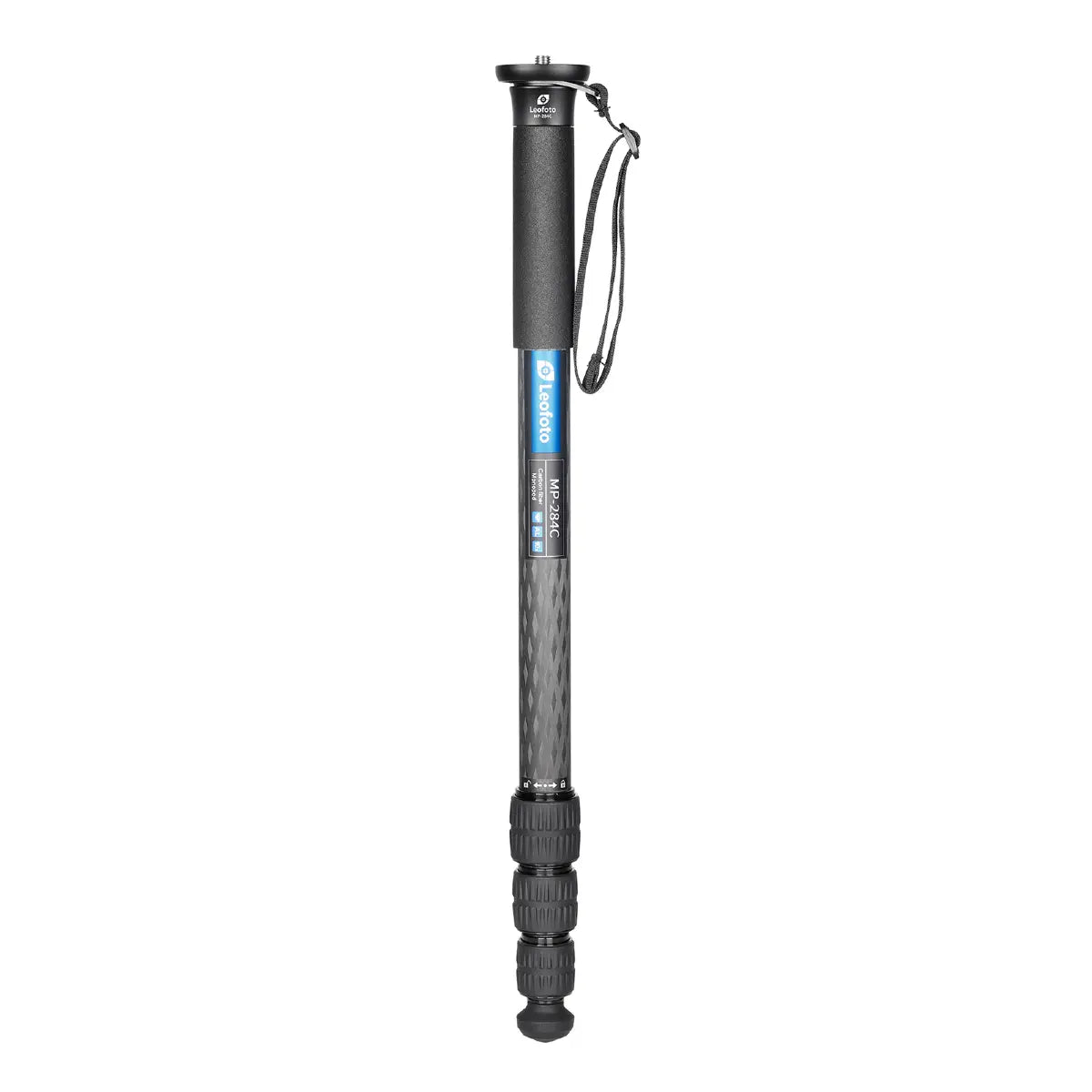Black adjustable monopod on a white background