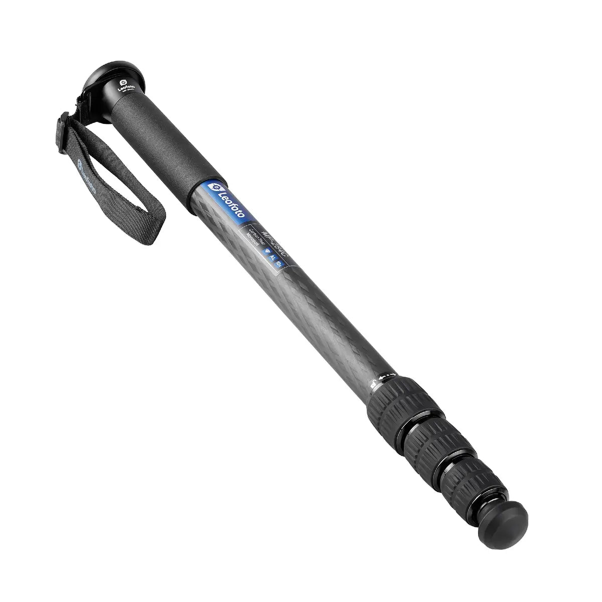 Black adjustable monopod with a blue logo on a white background
