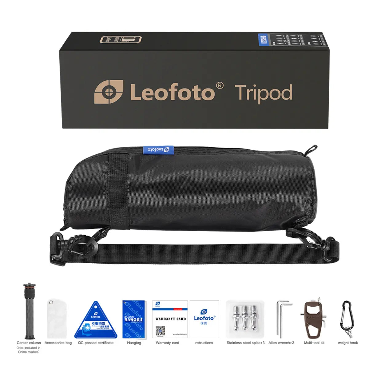 Leofoto tripod package with black carrying case and accessories on a white background