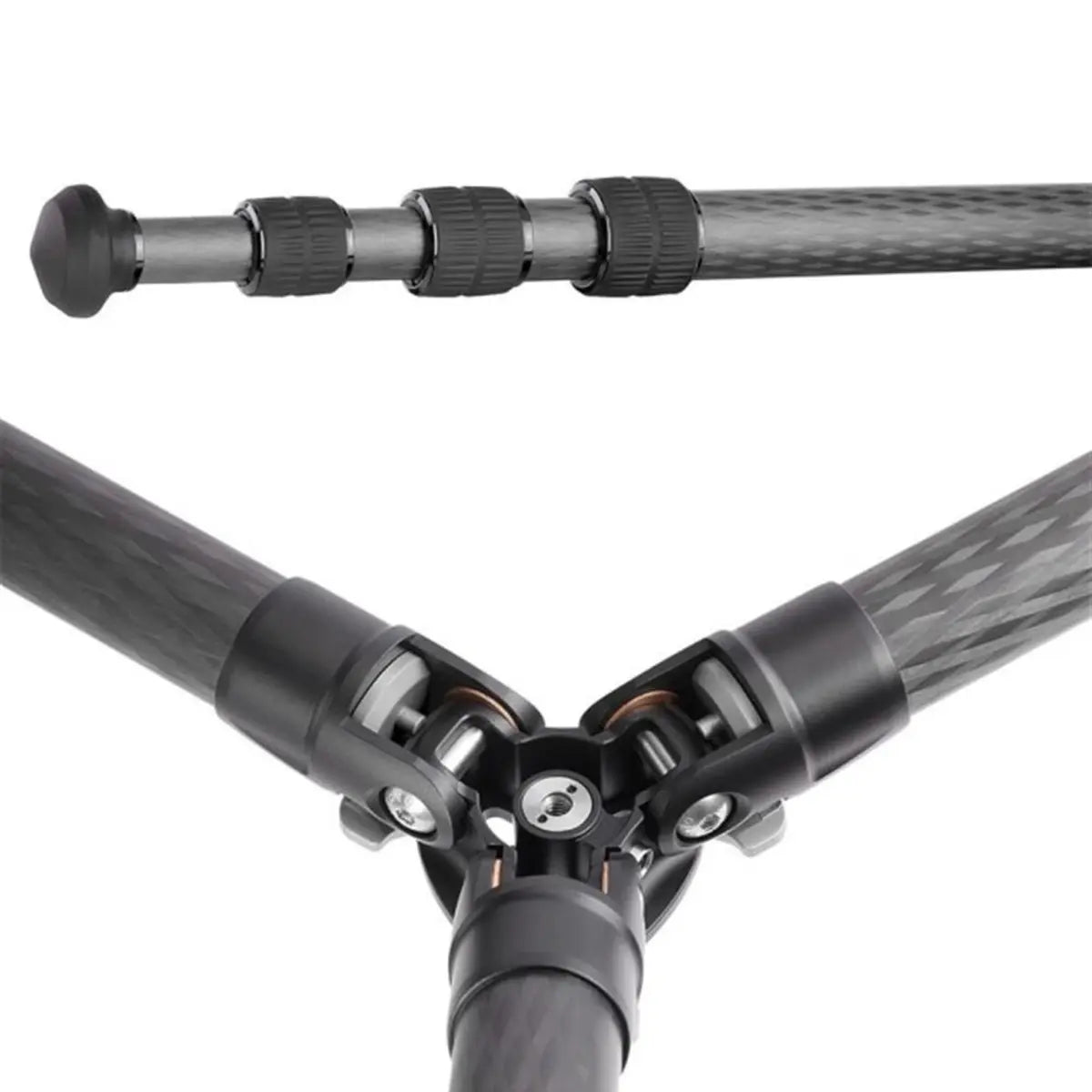 Close-up of a tripod with carbon fiber legs on a white background