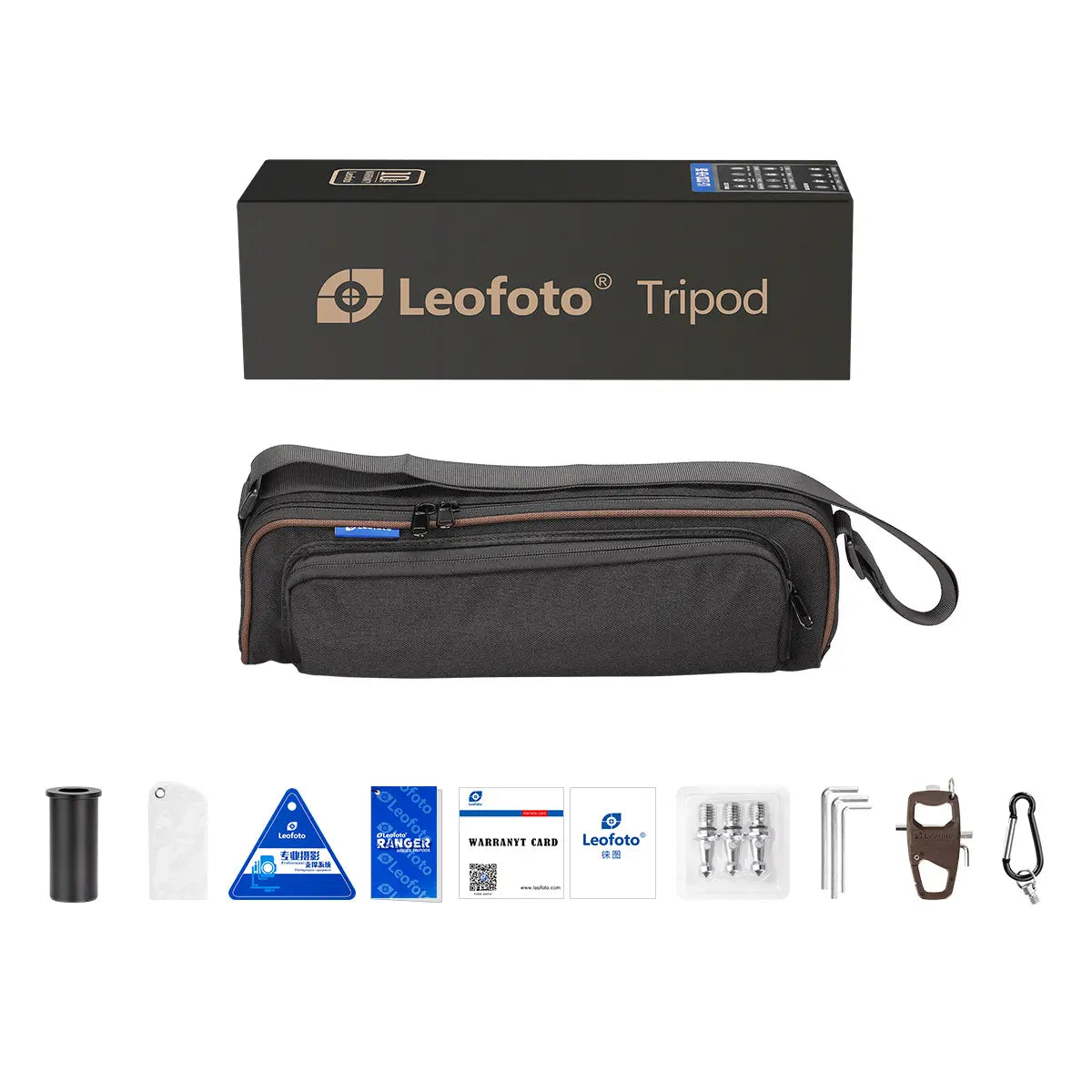 Leofoto tripod package with accessories on a white background