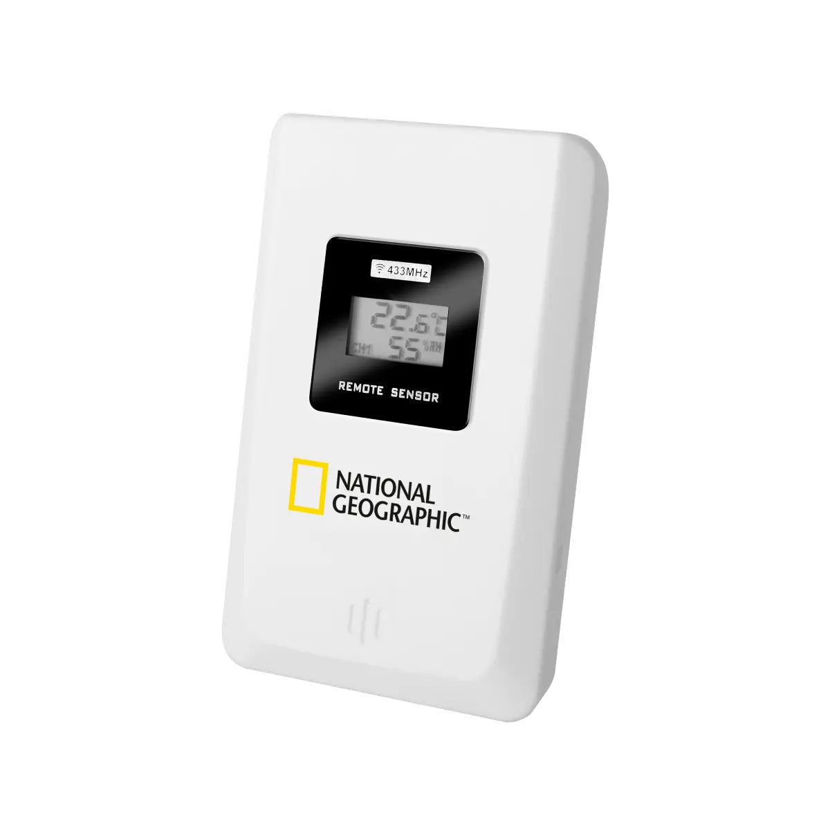 White remote sensor with digital display and National Geographic logo on a white background
