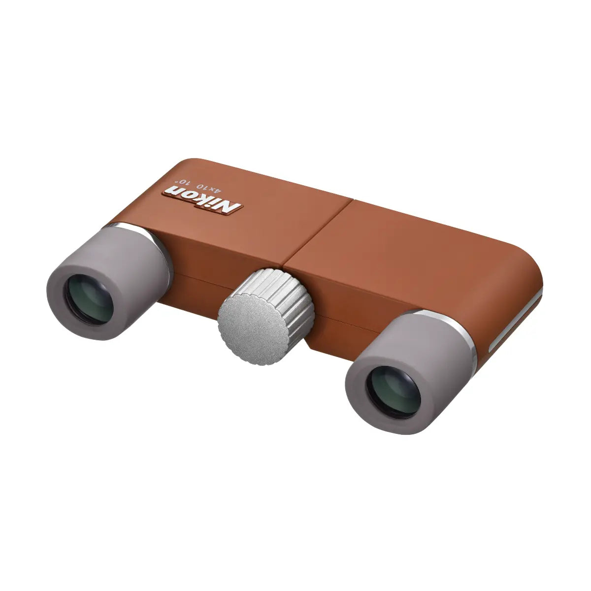 Brown and gray binoculars with Nikon branding on a white background