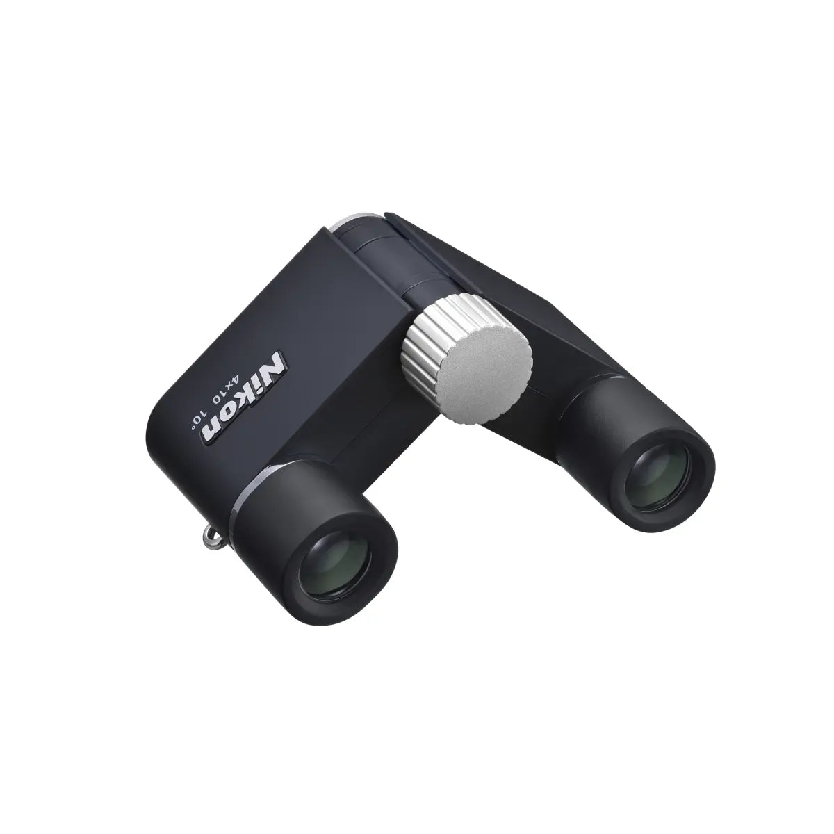 Black binoculars with silver focus wheel on a white background