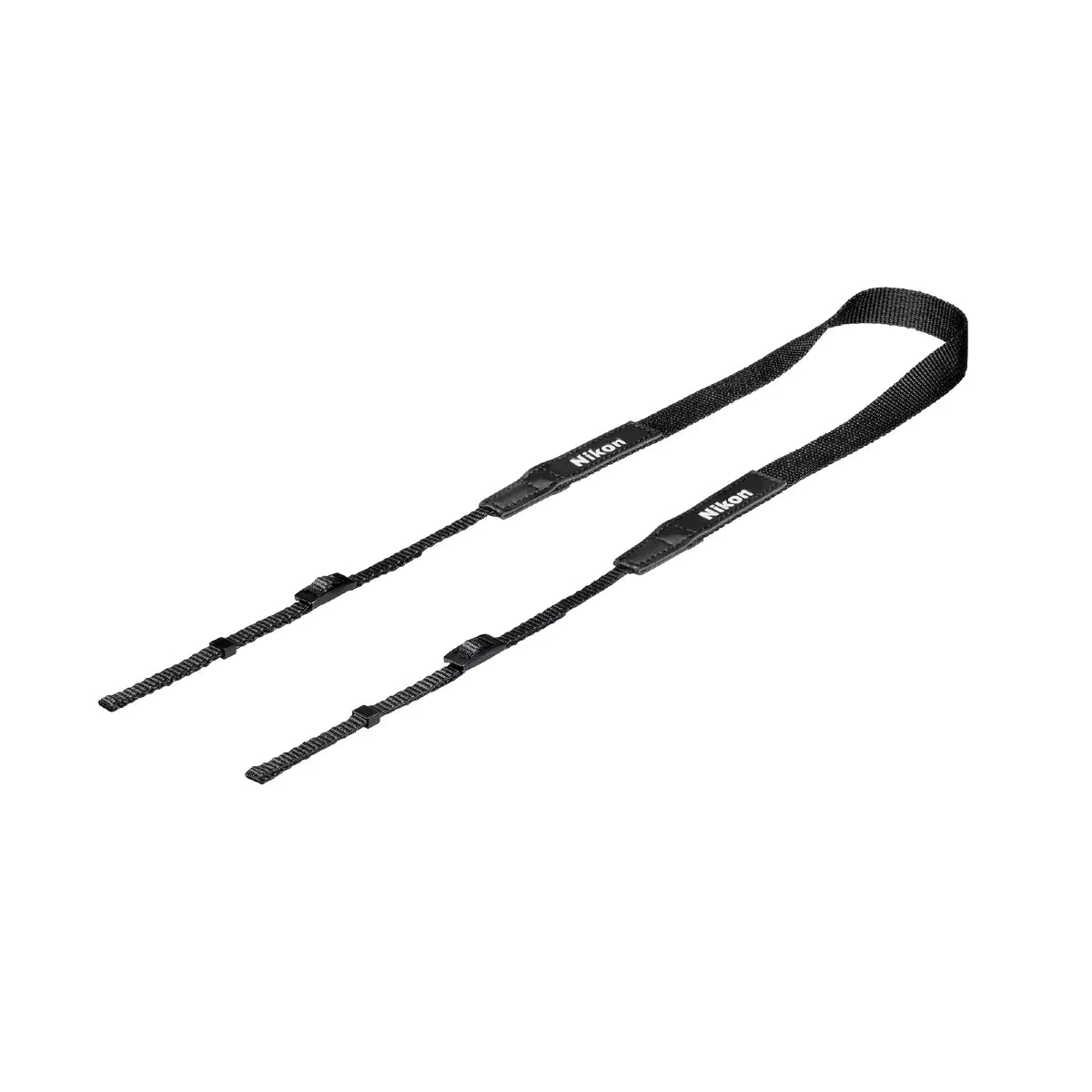 Black camera strap with Nikon logo on a white background