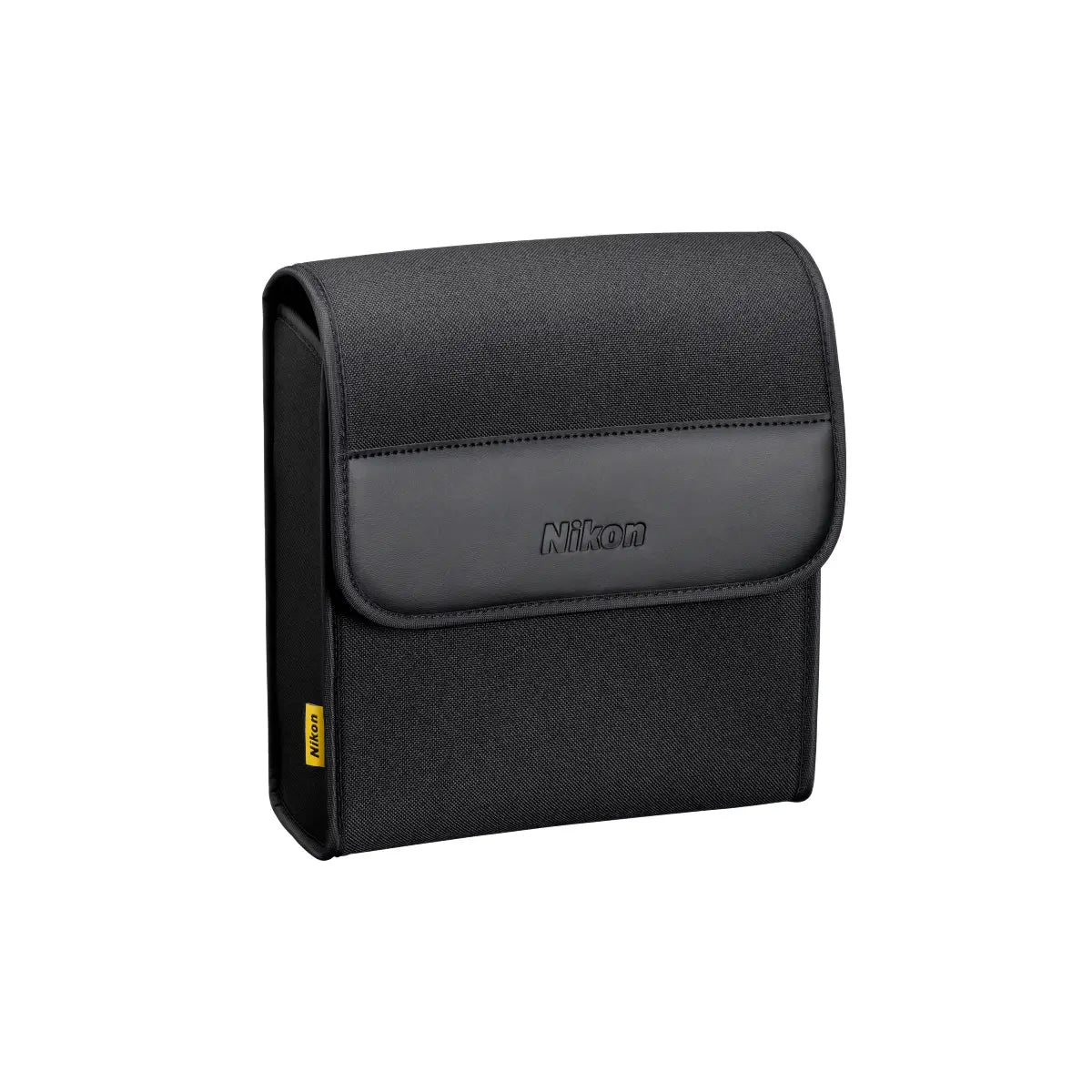 Black Nikon camera bag on a white background