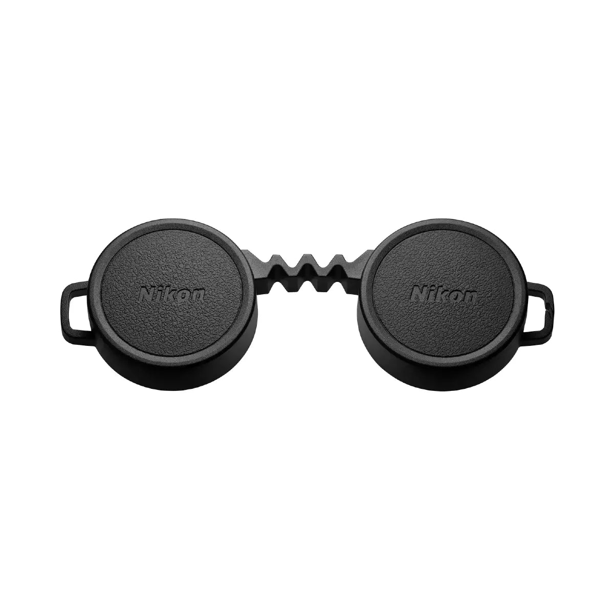 Two black Nikon camera lens caps on a white background