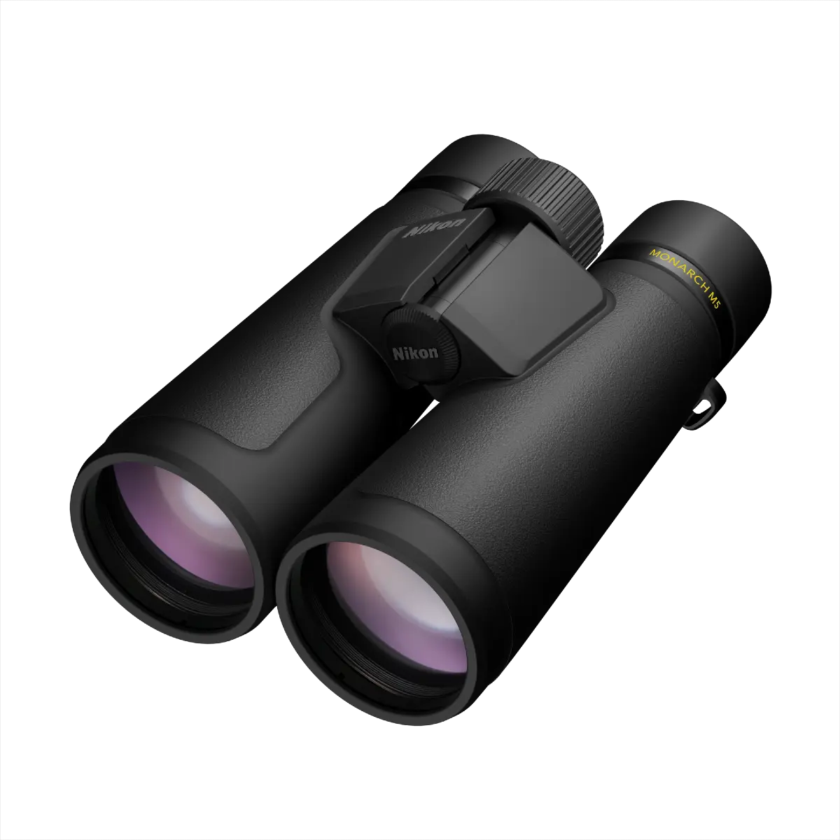 Black binoculars with purple lenses on a white background