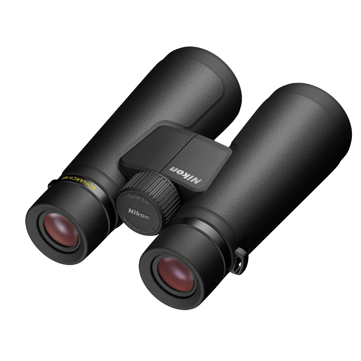 Black Nikon binoculars on a white background