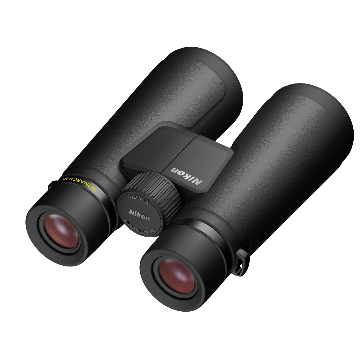 Black Nikon binoculars on a white background