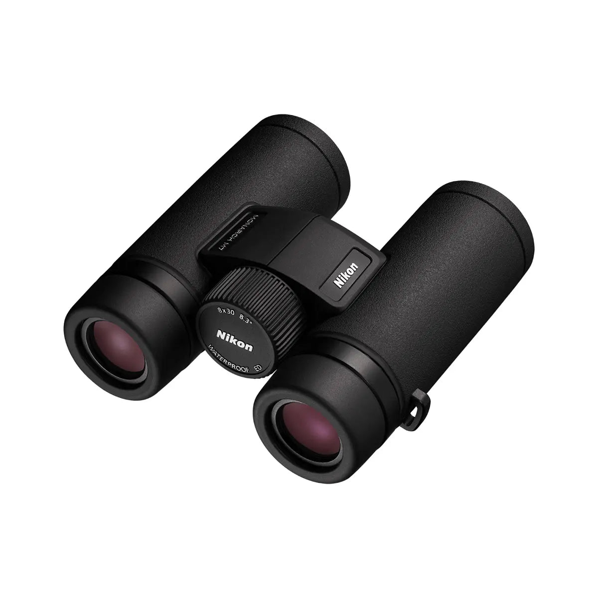 Black Nikon binoculars on a white background