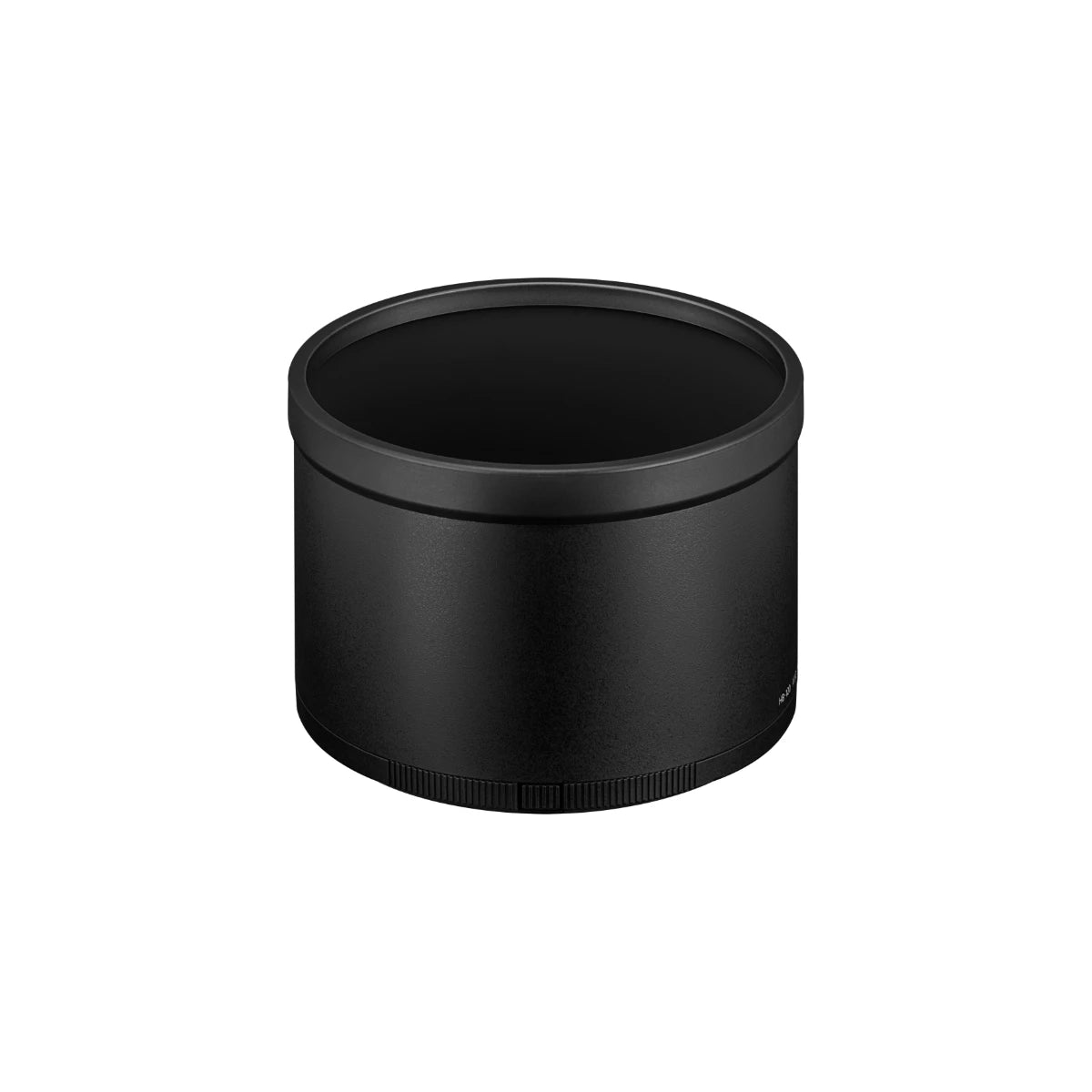 A black cylindrical camera lens hood shown on a plain white background.