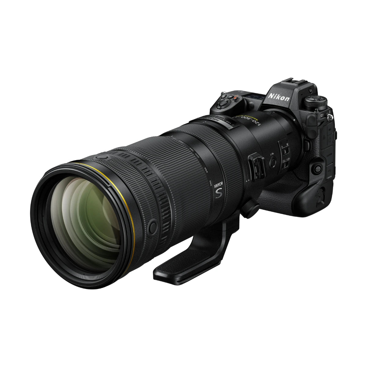 A Nikon mirrorless camera body with a large telephoto zoom lens, shown from a three-quarters angle on a solid white background.