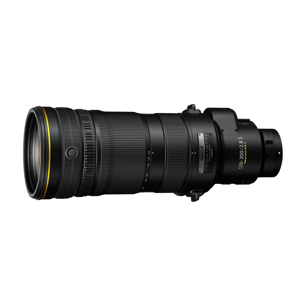 A Nikon 120-300mm f/2.8 lens in matte black with a distinctive yellow ring accent around the front lens element, shown from a side profile on a solid white background.
