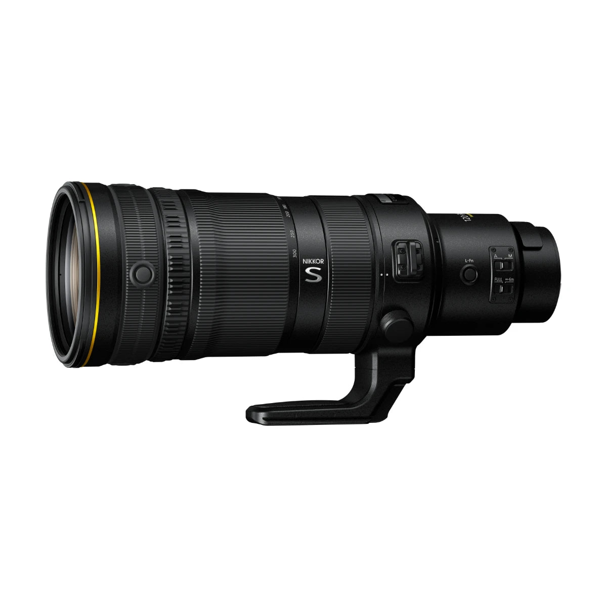 Nikon Z 120-300mm lens in black with a distinctive yellow ring accent on the front, shown on a solid white background.