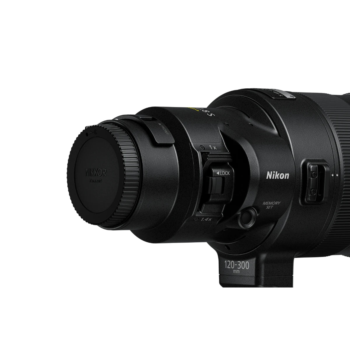 A close-up side view of a Nikon 120-300mm f/2.8.