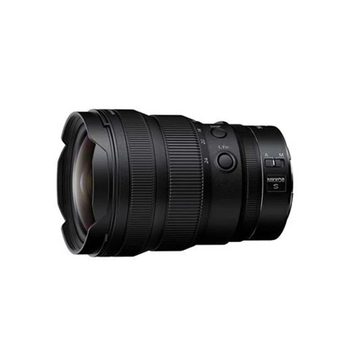 Sony Nikkor Z 14-24mm f/2.8 lens in black, featuring a built-in lens hood and control buttons on the side, shown against a plain white background.