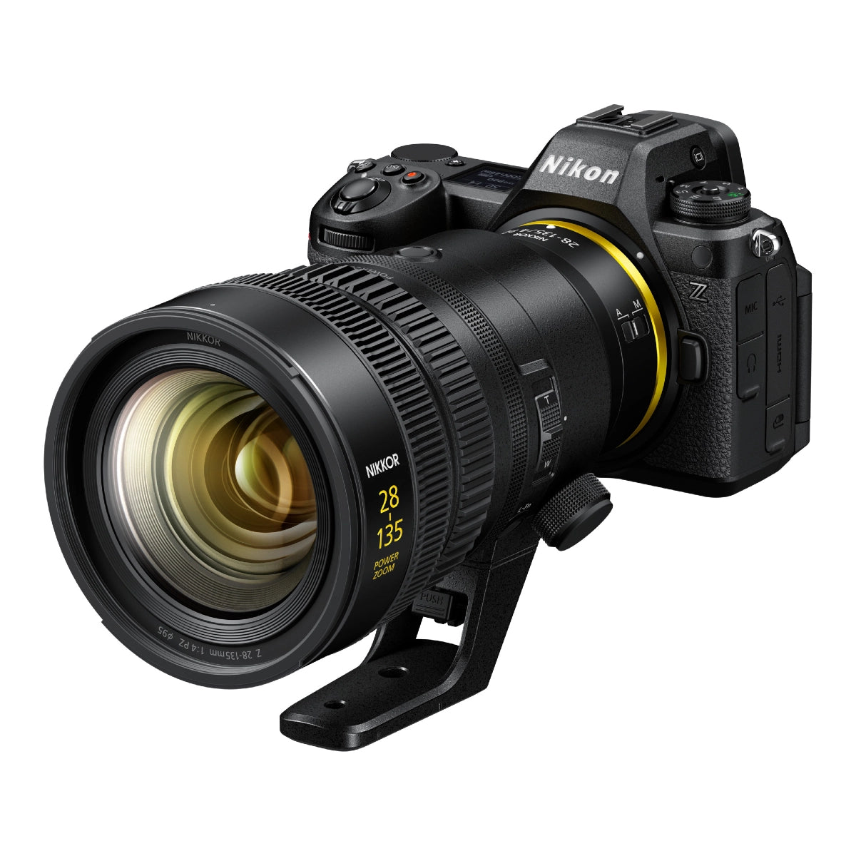 Nikon NIKKOR Z 28-135 f/4 PZ Lens front angle on camera