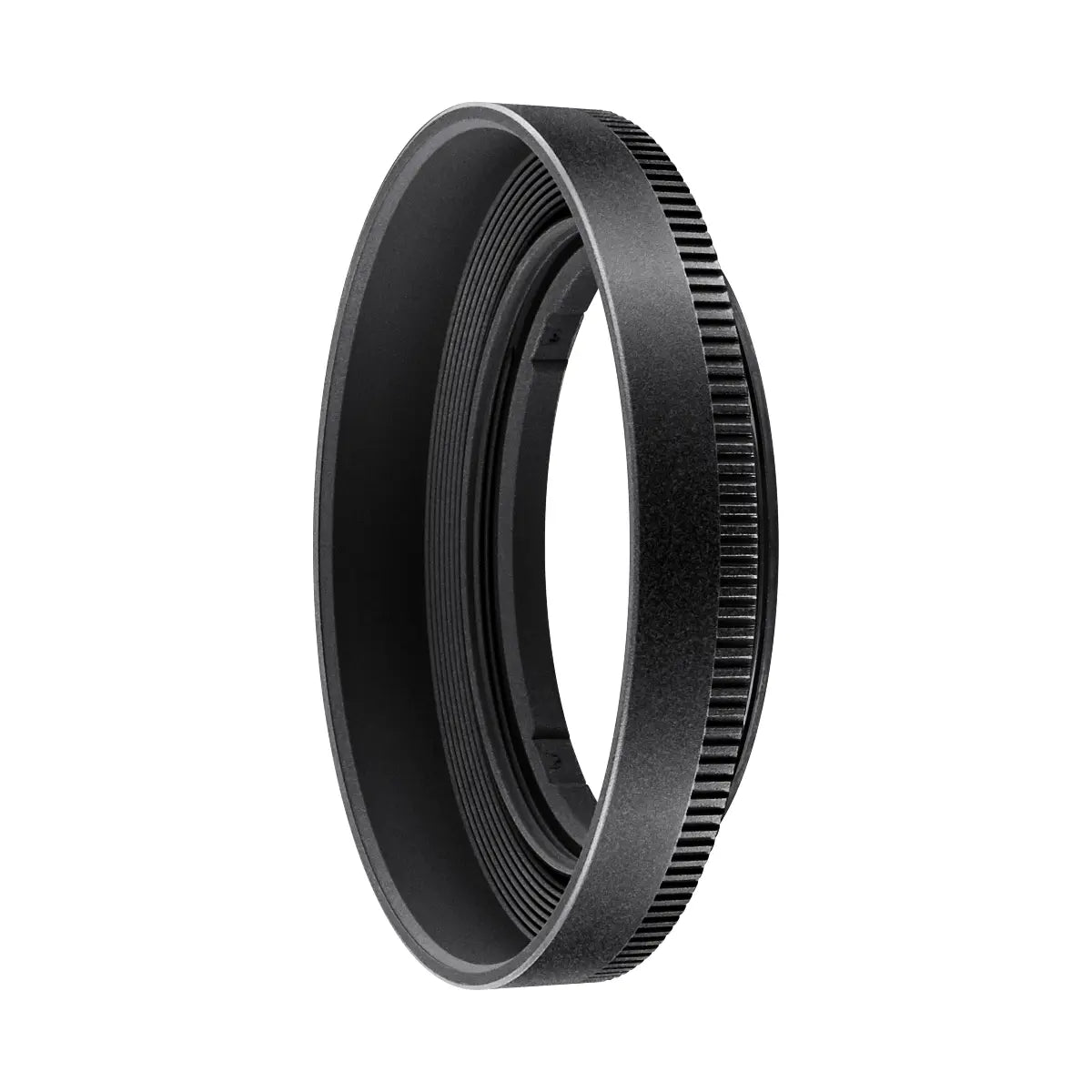 Black camera lens mount adapter on a white background