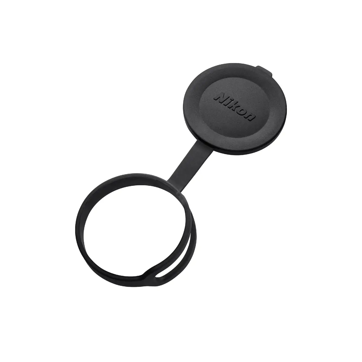 Black camera lens cap with 'Nikon' branding on a white background