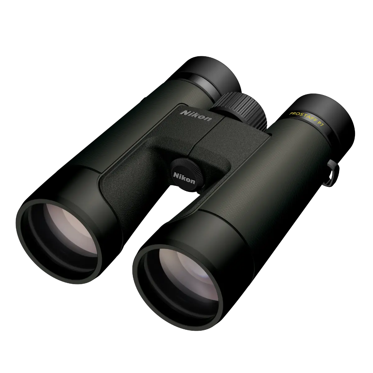 Black Nikon binoculars on a white background