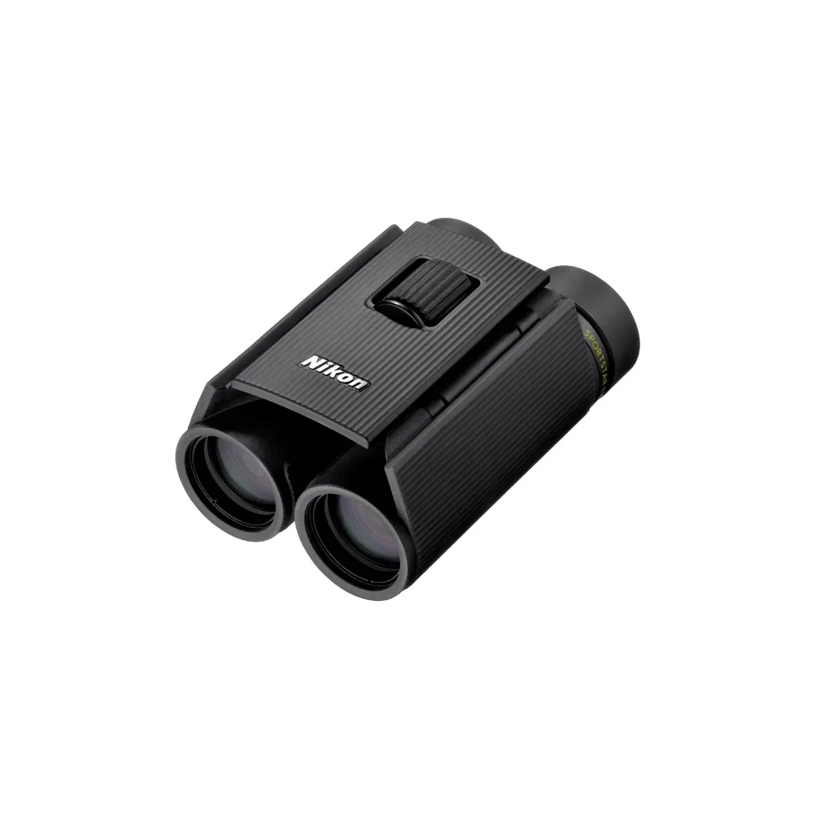 Black Nikon binoculars on a white background