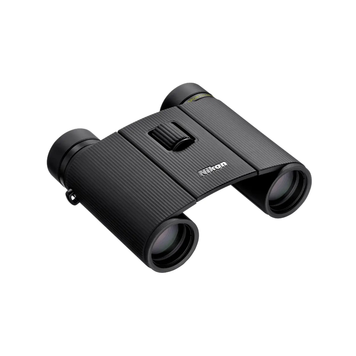 Black Nikon binoculars on a white background
