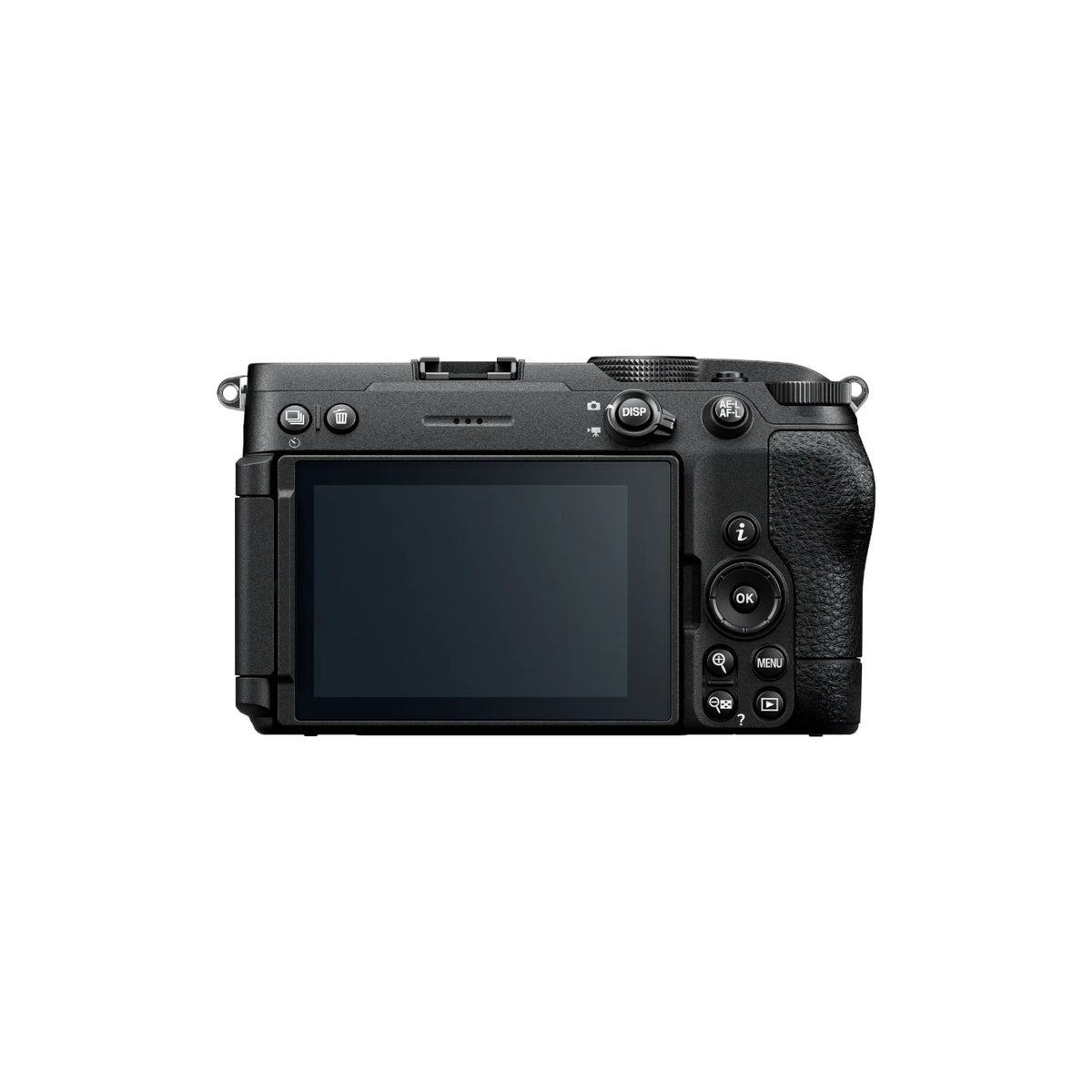 A black mirrorless camera body shown from the rear, featuring a large LCD screen, top dials, and a textured grip on the right side, isolated on a white background.