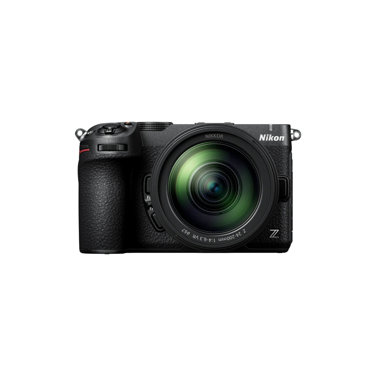 A Nikon Z-series mirrorless camera with a zoom lens, shown from the front against a solid white background.