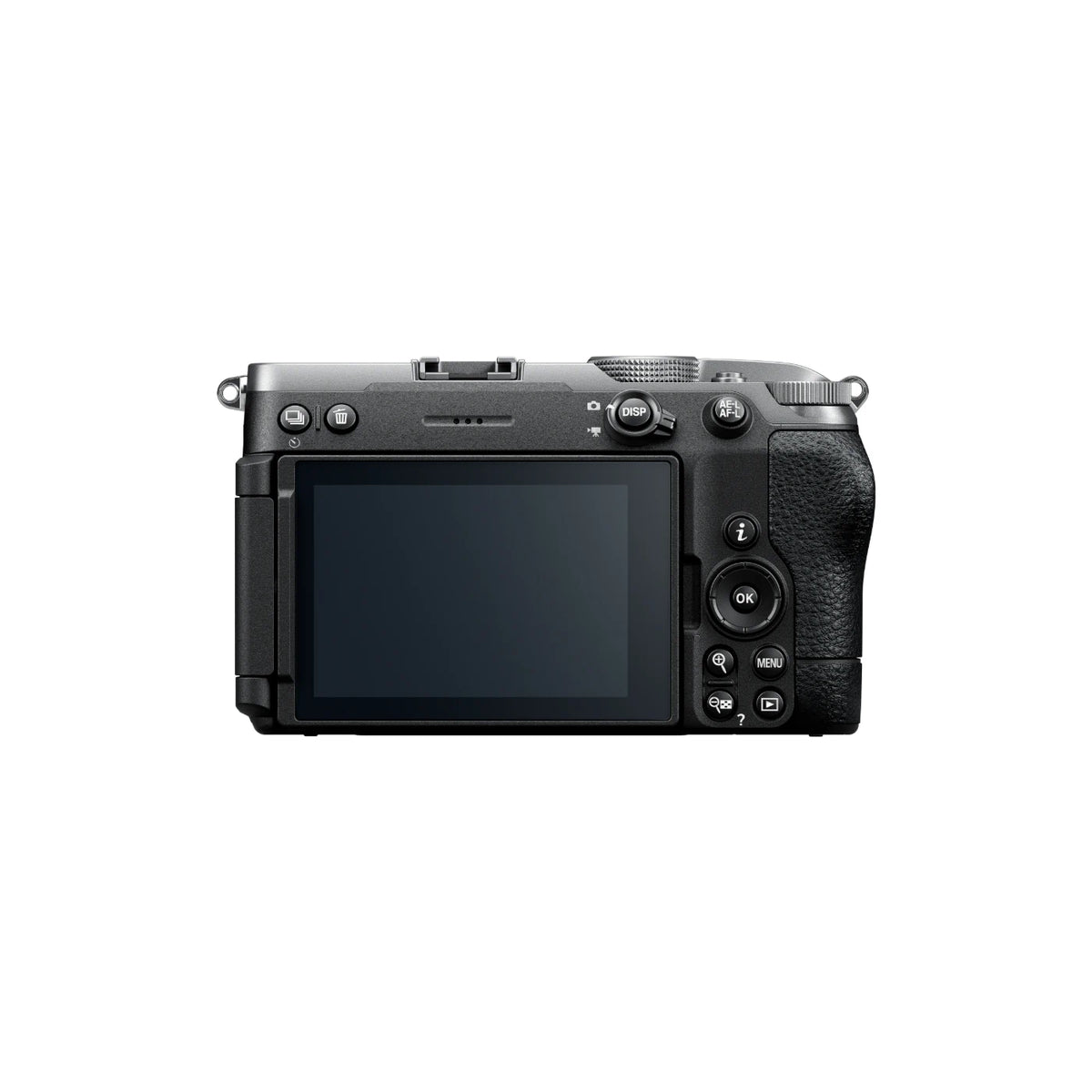 The rear view of a black digital mirrorless camera with a large LCD screen, top dials, and a textured grip on a solid white background.